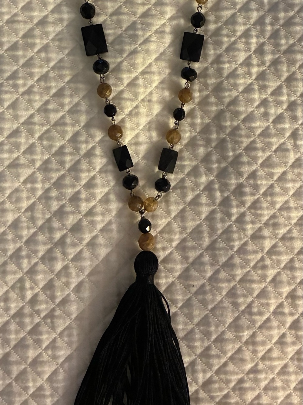 Black and Brown Faceted Bead Necklace with Tassle - Elegant Women's Jewelry